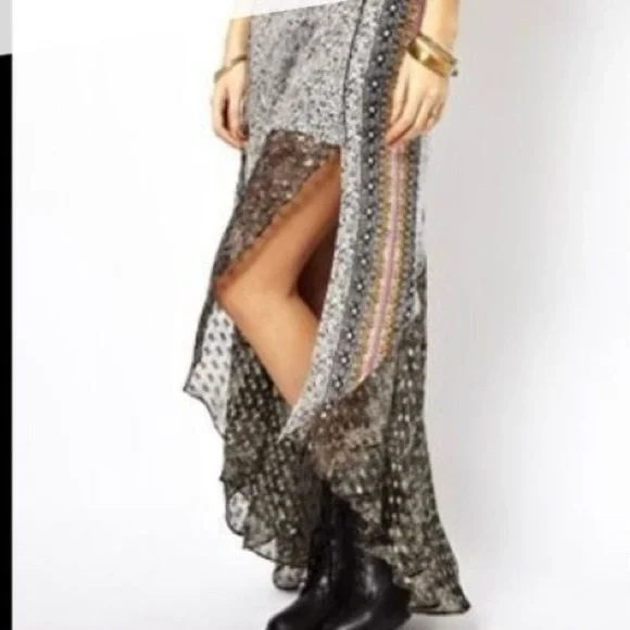 Free People Boho Gypsy Black White Asymmetrical Split Hem Sheer Maxi Skirt 4 XS - Picture 2 of 16